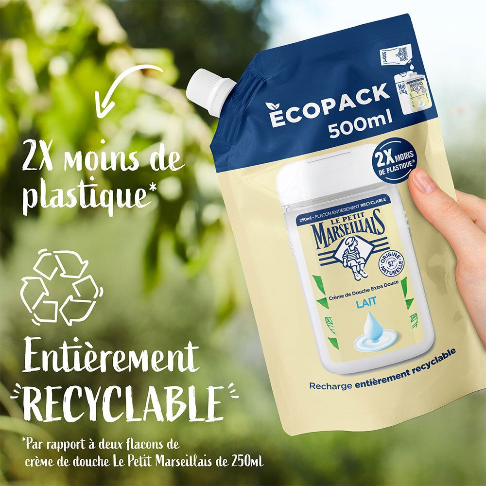Hand houdt navulling vast. Tekst: 2X minder plastic, Entièrement RECYCLABLE. Recycling symbool. Groene achtergrond.