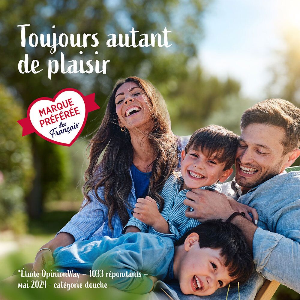 Lachende familie. Tekst: Toujours autant de plaisir. Marque préférée des Français. Studie OpinionWay.