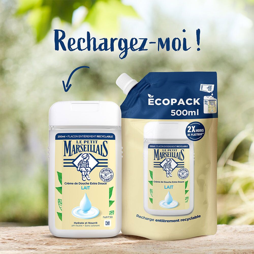Douchecrème fles en navulling. Tekst: Recharchez-moi! ÉCOPACK 500ml. 2X minder plastic.