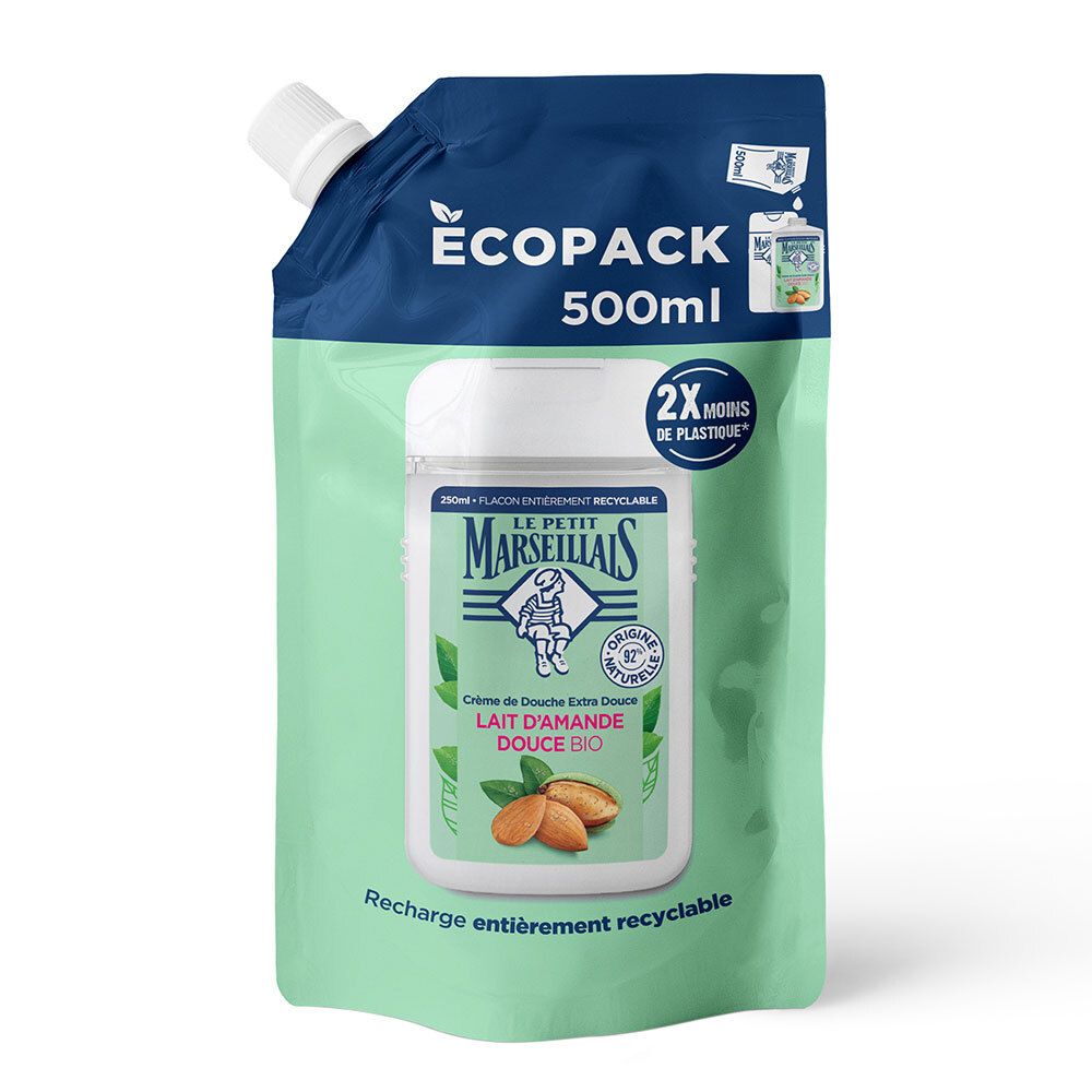 Navulverpakking douchecrème 500ml. 2x minder plastic. Amandelmelk BIO. Volledig recyclebaar.