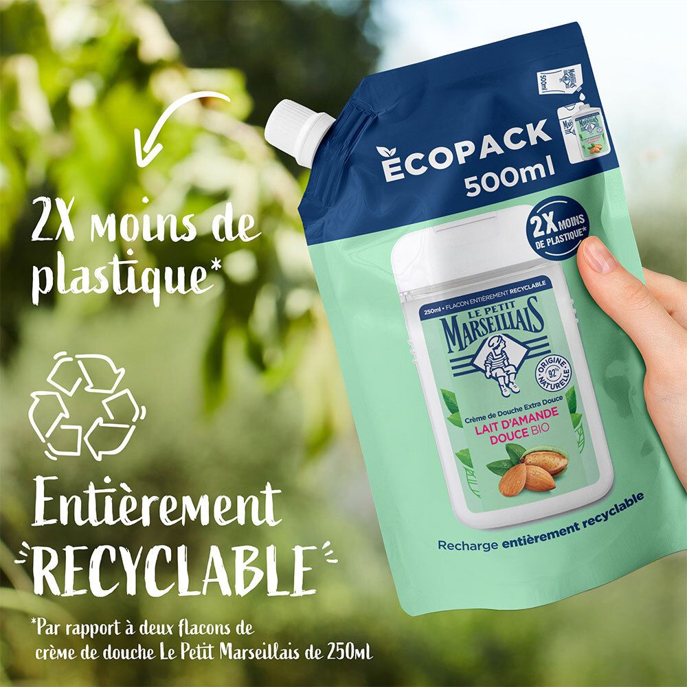Navulverpakking douchecrème. Tekst: '2x minder plastic' en 'Recyclebaar'.
