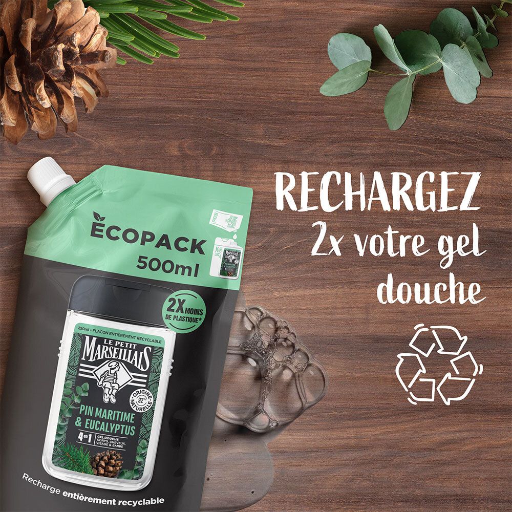 Navulverpakking douchegel 500ml. Opschrift: ÉCOPACK, 2x minder plastic. Houten achtergrond met bladeren en dennenappel.