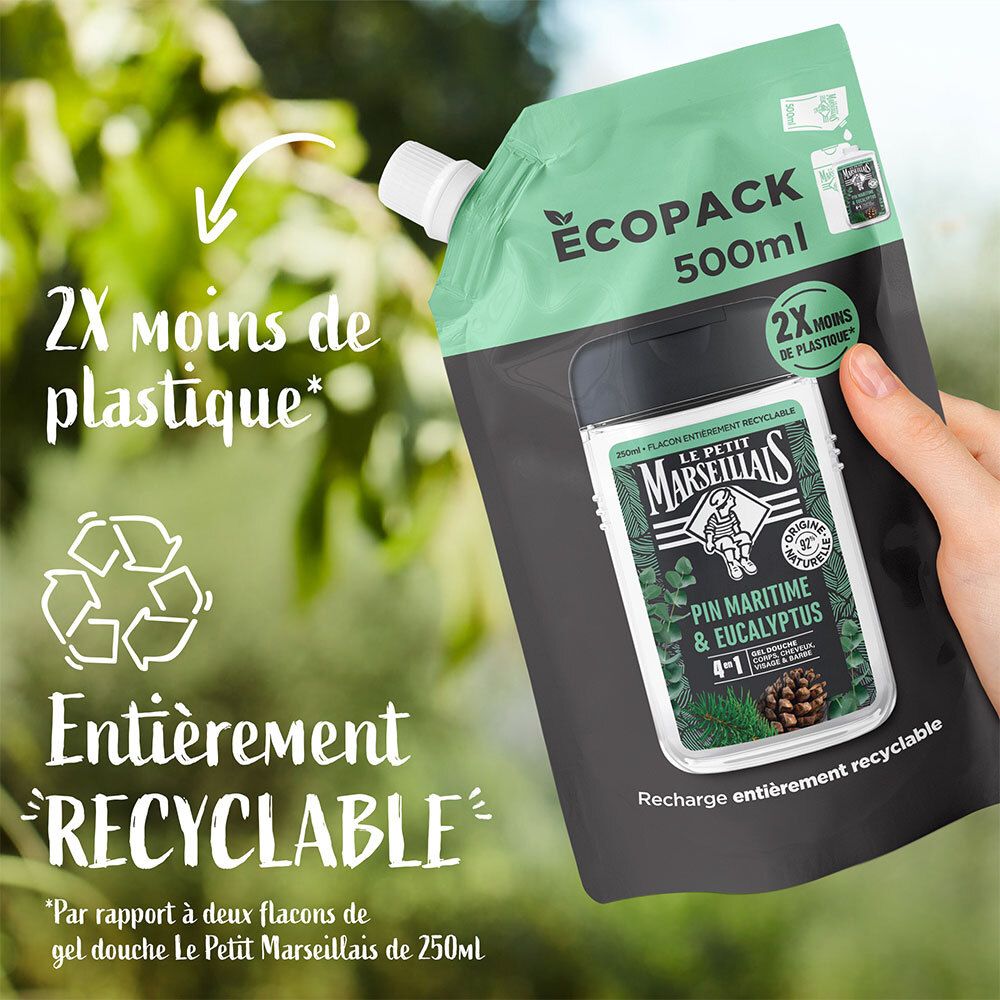 Hand houdt navulling vast. Opschrift: ÉCOPACK, 2x minder plastic, Entièrement RECYCLABLE. Recyclingsymbool.