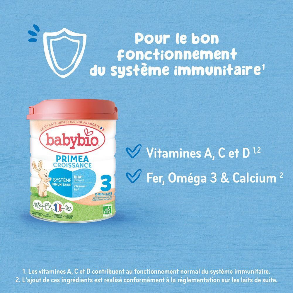 Babybio Primea Croissance 3 lait en poudre avec vitamines A, C, D, fer, oméga 3 et calcium.