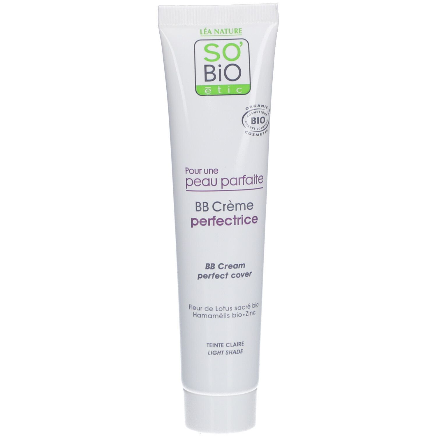 Tube blanc SO BIO ETIC BB Crème perfectrice Claire. Texte et logo bio. 