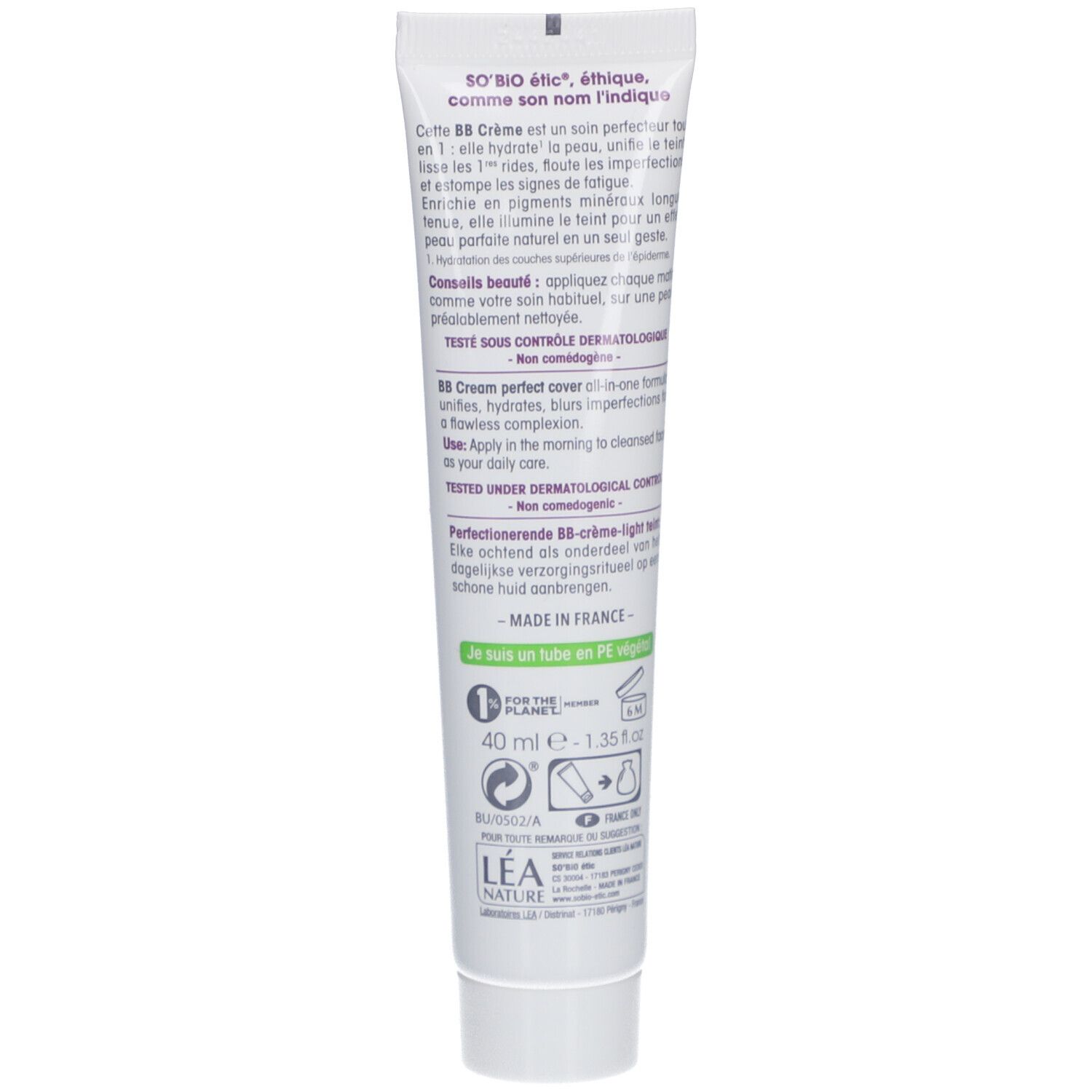 Dos du tube. Texte en français et néerlandais. 40 ml. Logo PE.