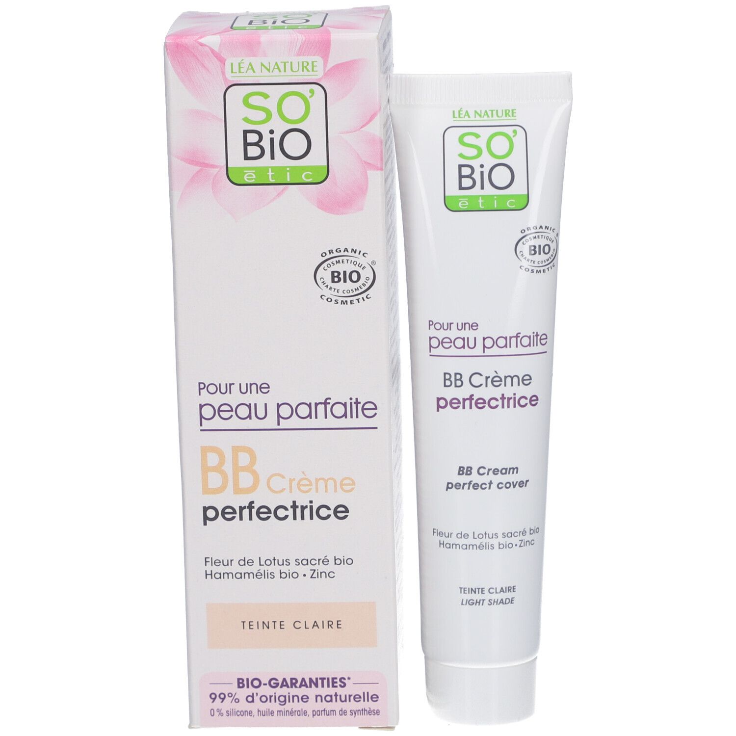 Emballage avec tube et boîte. SO BIO ETIC BB Crème perfectrice Claire. Label bio.
