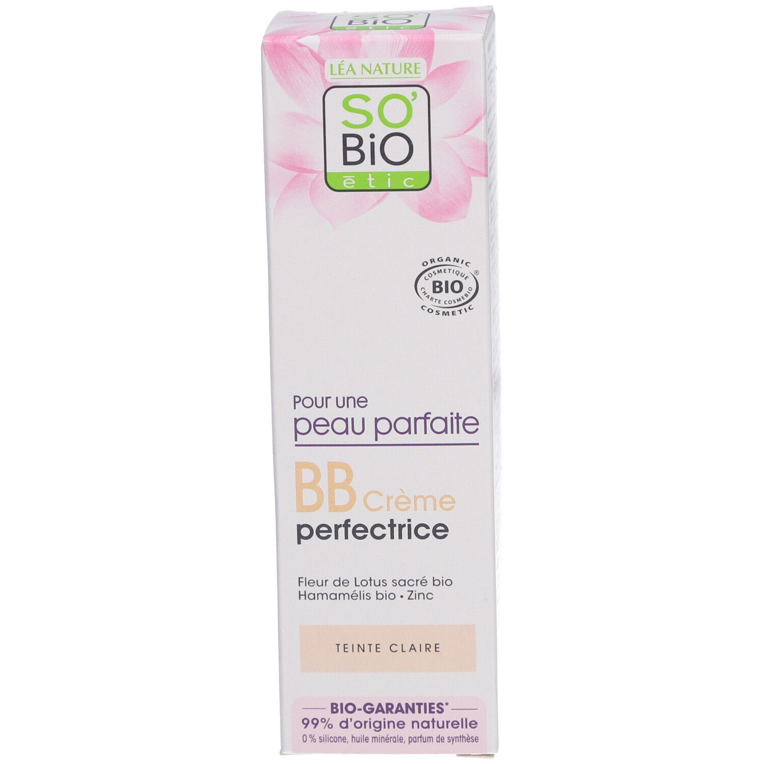 Emballage du produit. SO BIO ETIC BB Crème perfectrice Claire. Label bio. Texte.