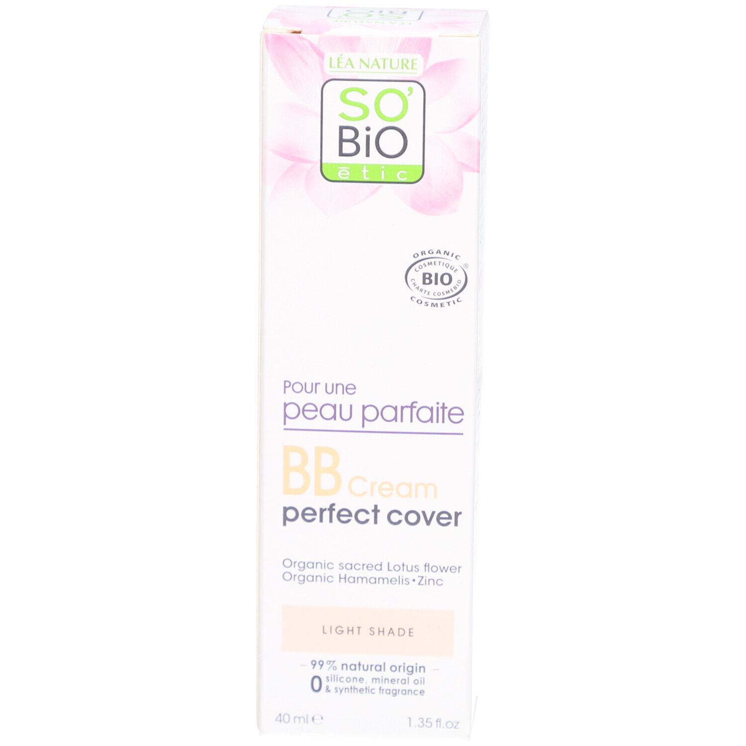 Emballage du produit. SO BIO ETIC BB Crème perfectrice Claire. Label bio. Texte.