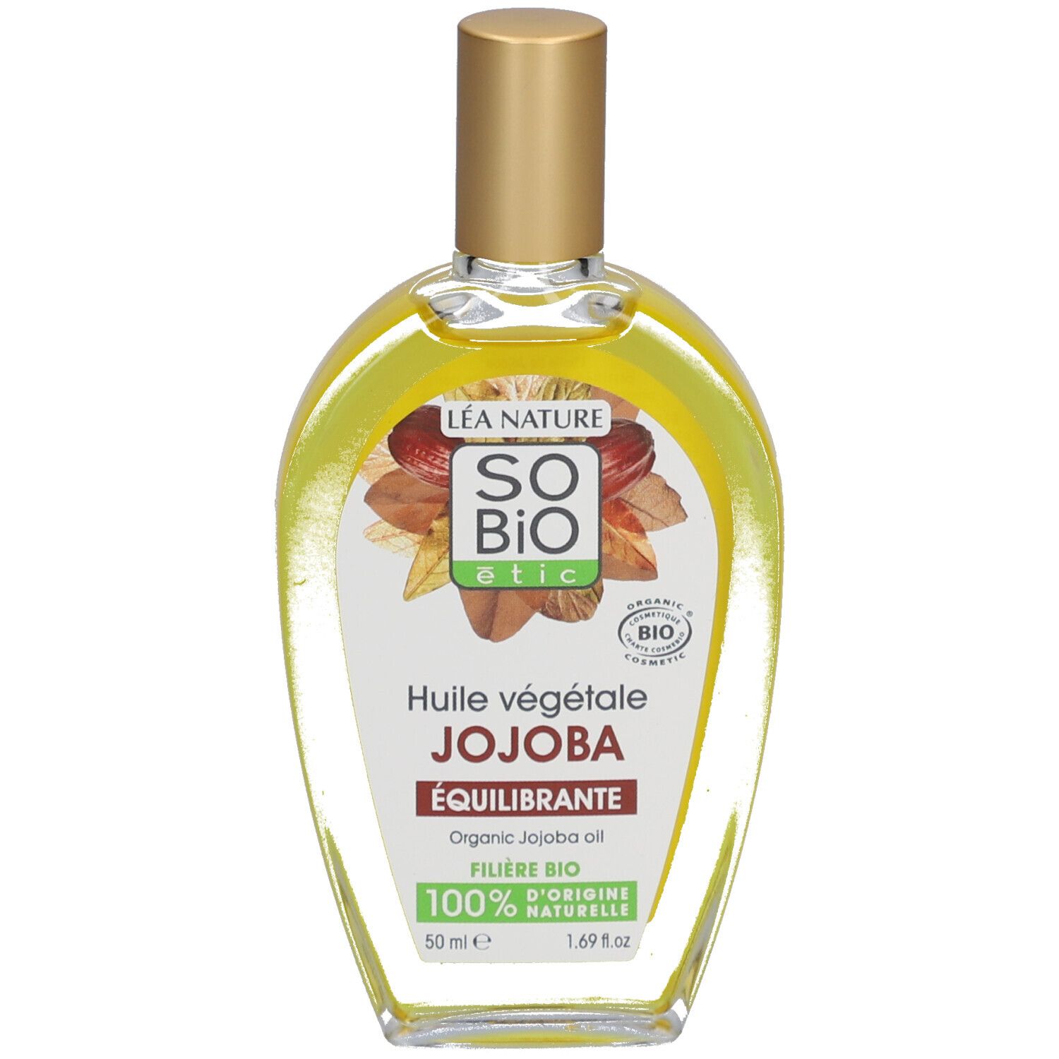 Flacon transparent SO BIO ETIC Huile végétale de Jojoba. Bouchon doré. Étiquette avec informations et logo.