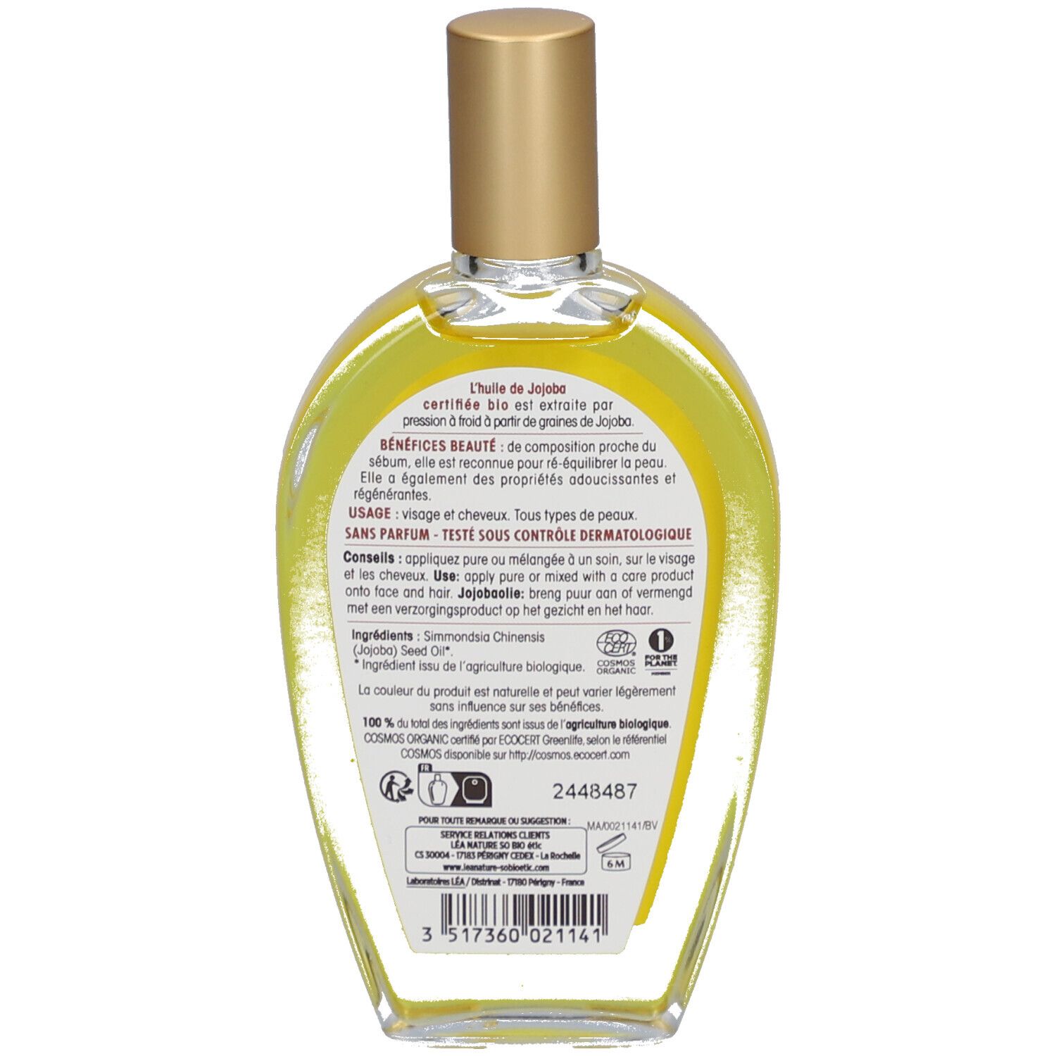Dos du flacon SO BIO ETIC Huile végétale de Jojoba. Étiquette avec informations, ingrédients et certifications.