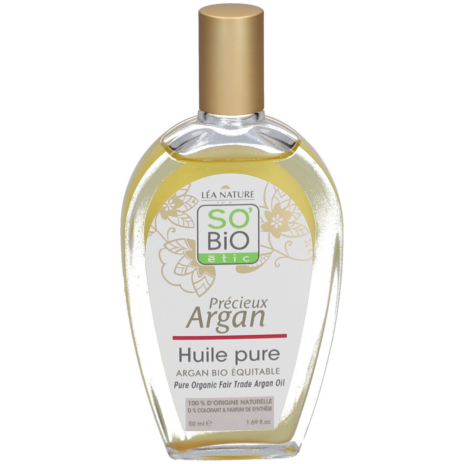 Flacon d'huile SO BIO ETIC Argan. Bouchon doré, étiquette blanche avec logo et texte. Flacon en verre transparent.
