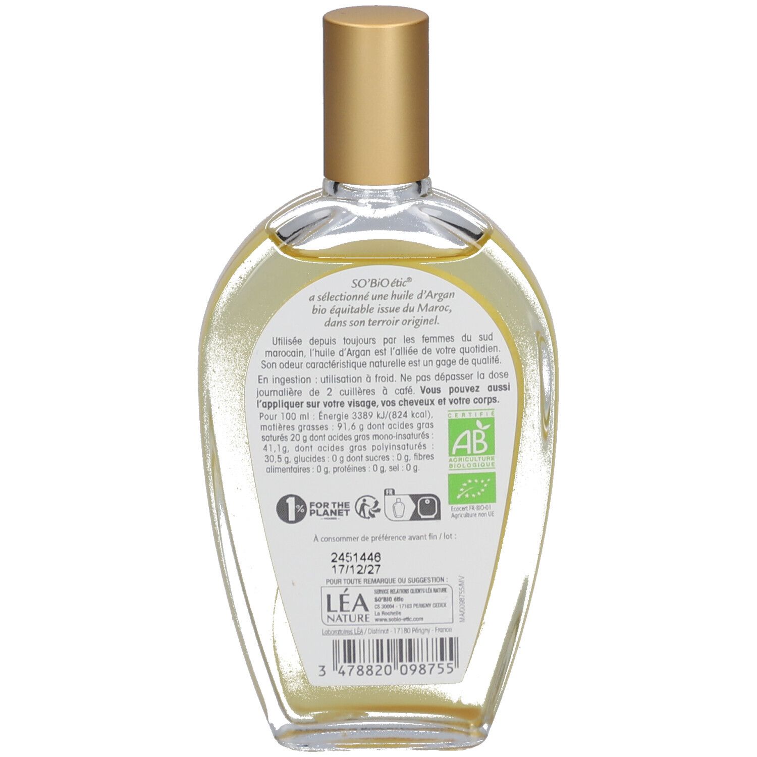 Dos du flacon d'huile SO BIO ETIC Argan. Texte, logo, label bio et code-barres. Flacon en verre transparent.