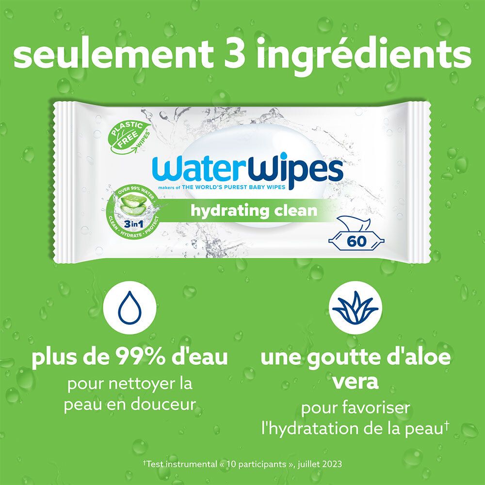 WaterWipes-Packung mit 60 Tüchern. Über 99% Wasser, Aloe Vera. Grüne Hintergrundgrafik mit Text.