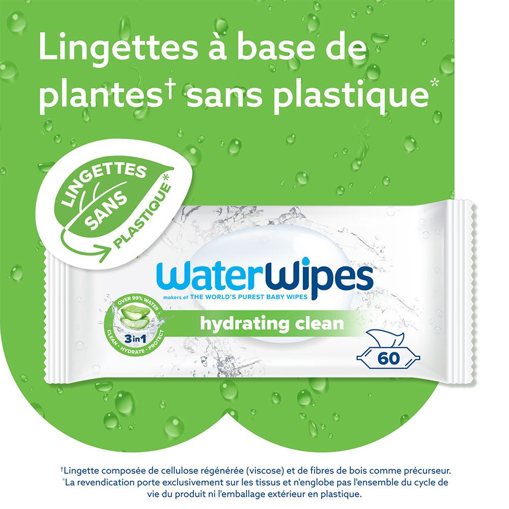 WaterWipes-Packung mit 60 Tüchern. Pflanzenbasierte, plastikfreie Tücher. Grüner Hintergrund mit Text.