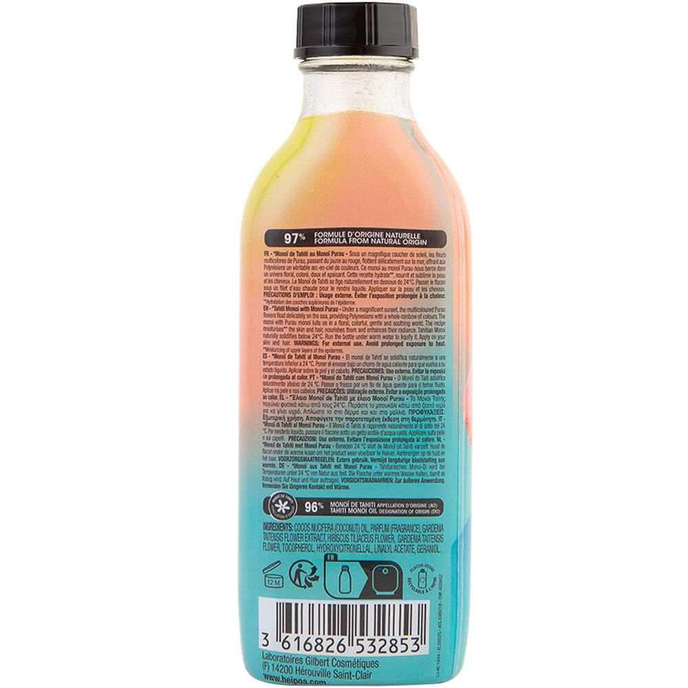 Rückseite der Flasche HEI POA Monoi Sonnenuntergang Blume. Textinformationen und Inhaltsstoffe. Farbverlauf.