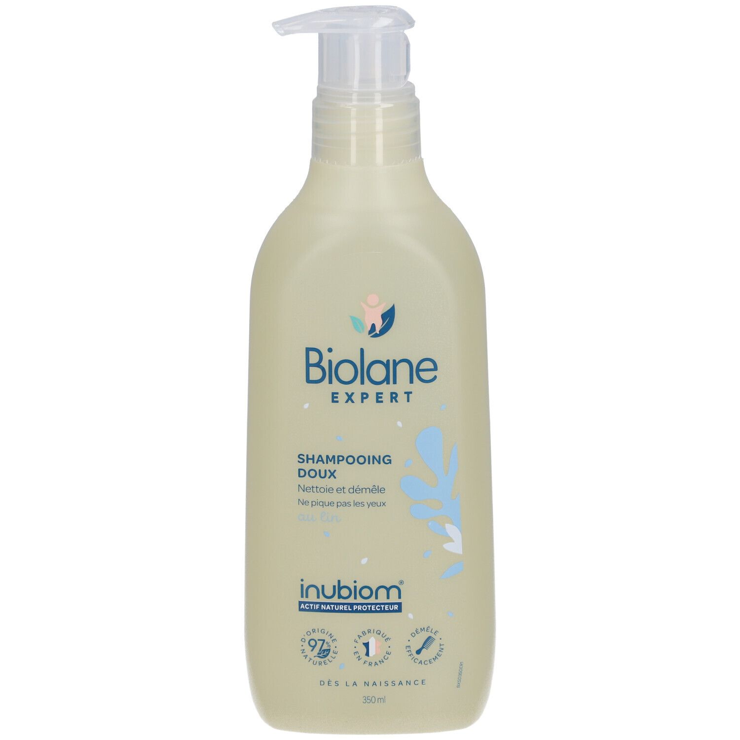 Flacon de shampooing Biolane Expert. Inscription 'Shampooing Doux'. Contient un distributeur.