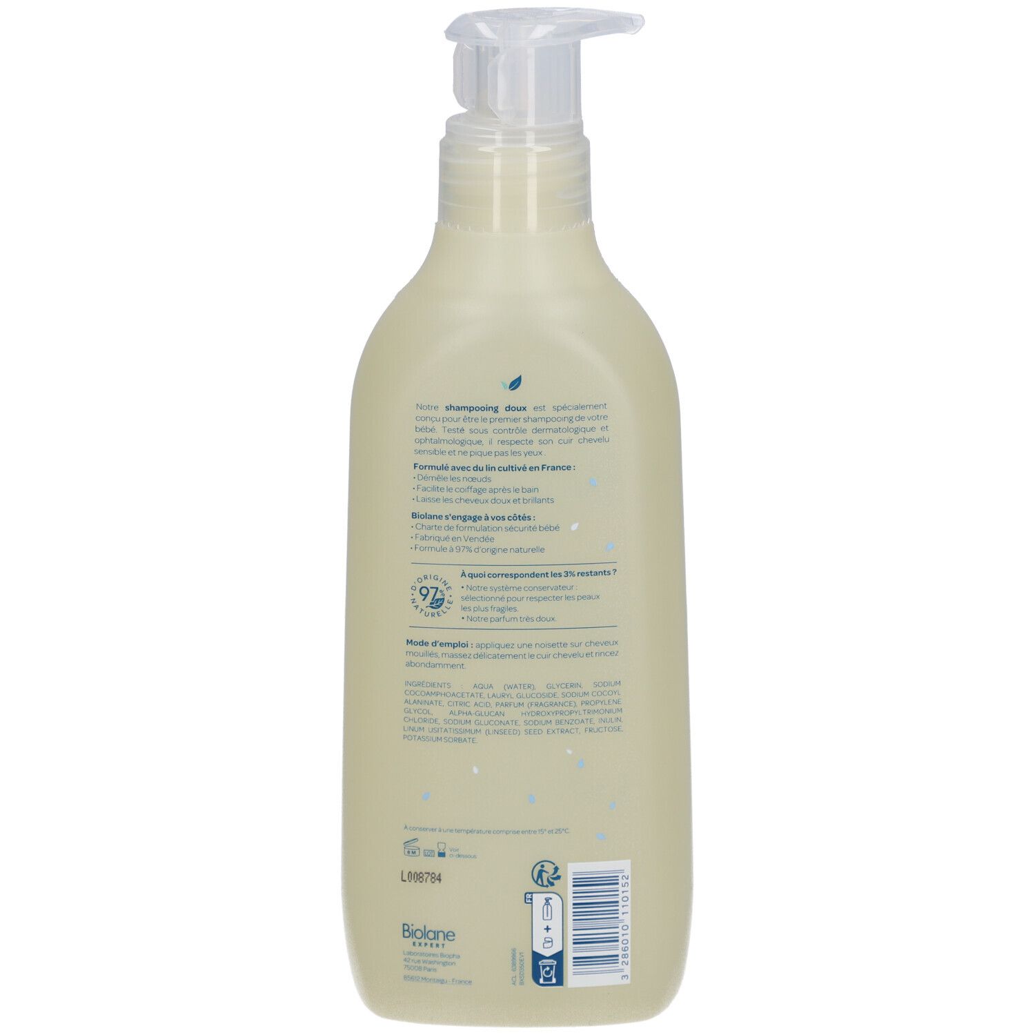 Dos du flacon de shampooing Biolane Expert. Texte et liste d'ingrédients.