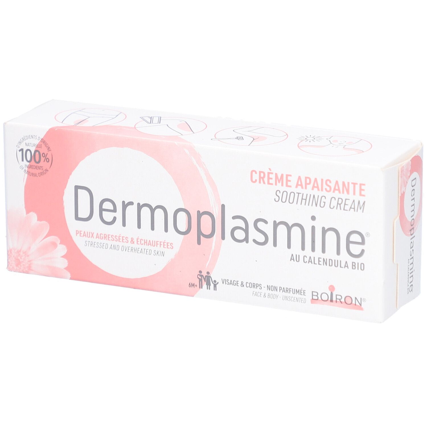 Boîte blanche et rose. Inscription: Dermoplasmine, Crème Apaisante, Au Calendula Bio. Logo Boiron. Pour peaux agressées.