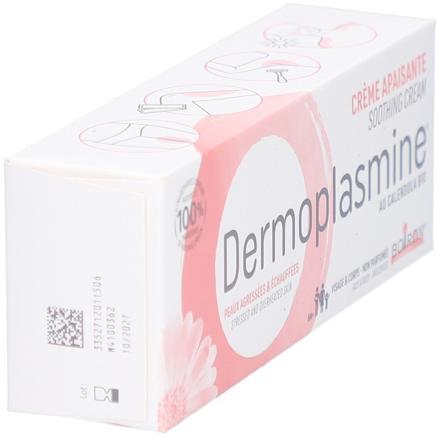 Boîte blanche et rose. Inscription: Dermoplasmine, Crème Apaisante, Au Calendula Bio. Logo Boiron. Code-barres et date.