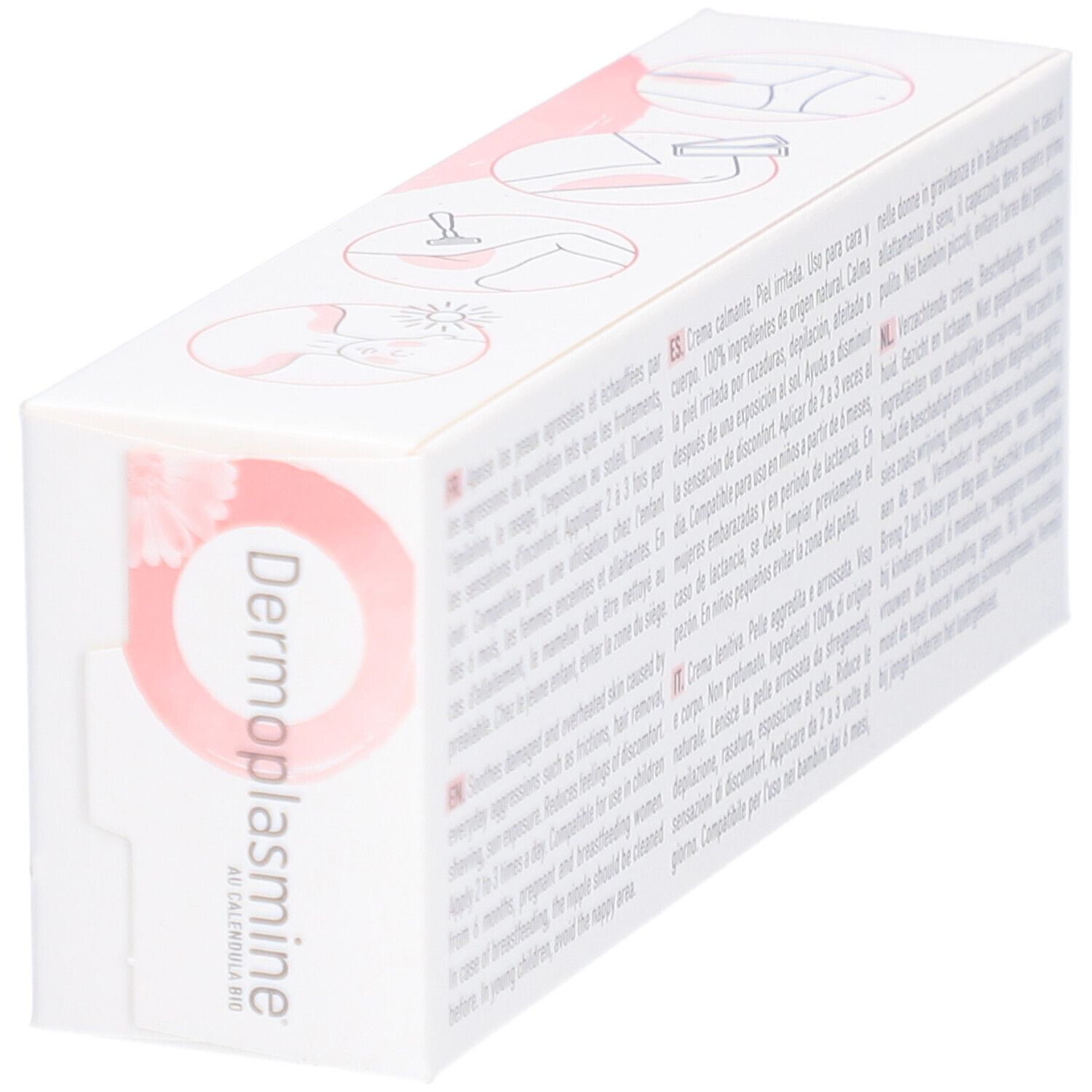 Boîte en biais. Inscription: Dermoplasmine, Crème Apaisante, Au Calendula Bio. Logo Boiron. Illustrations.