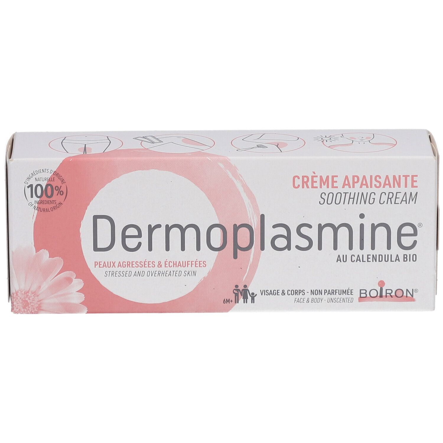 Boîte blanche et rose. Inscription: Dermoplasmine, Crème Apaisante, Au Calendula Bio. Logo Boiron. Pour peaux agressées.