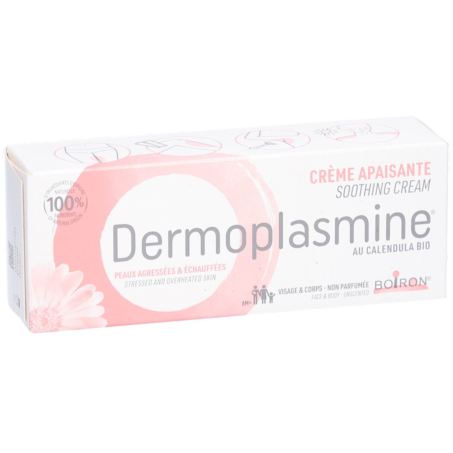 Boîte blanche et rose. Inscription: Dermoplasmine, Crème Apaisante, Au Calendula Bio. Logo Boiron. Pour peaux agressées.
