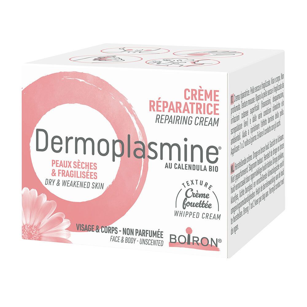 Creme-Verpackung mit rosa Kreis und Schriftzug Dermoplasmine. Text: Peaux sèches & fragilisées, Dry & weakened skin.