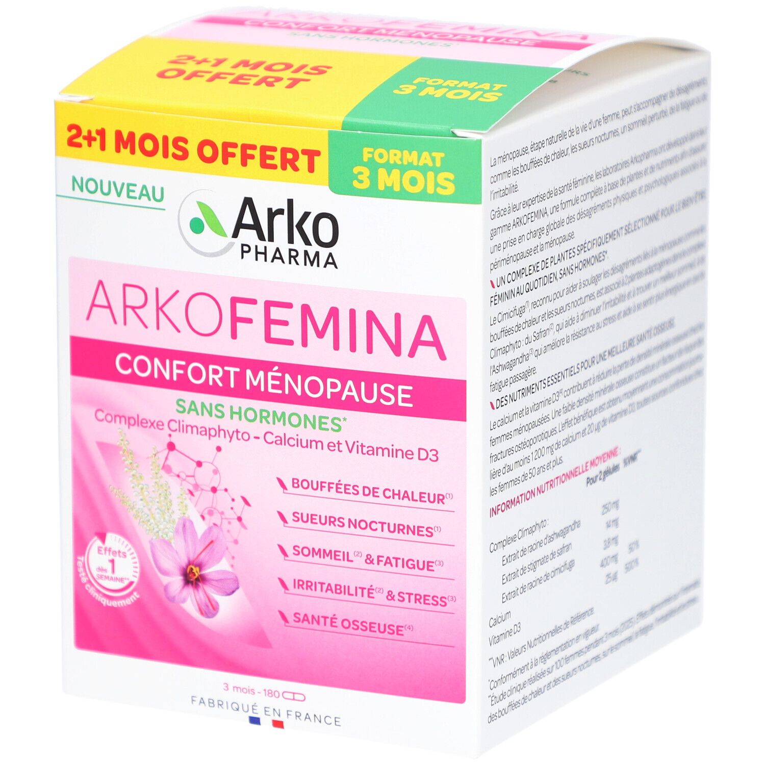 Boîte Arkopharma Arko Femina. Design rose et blanc, nom du produit et avantages. Offre 2+1 mois.