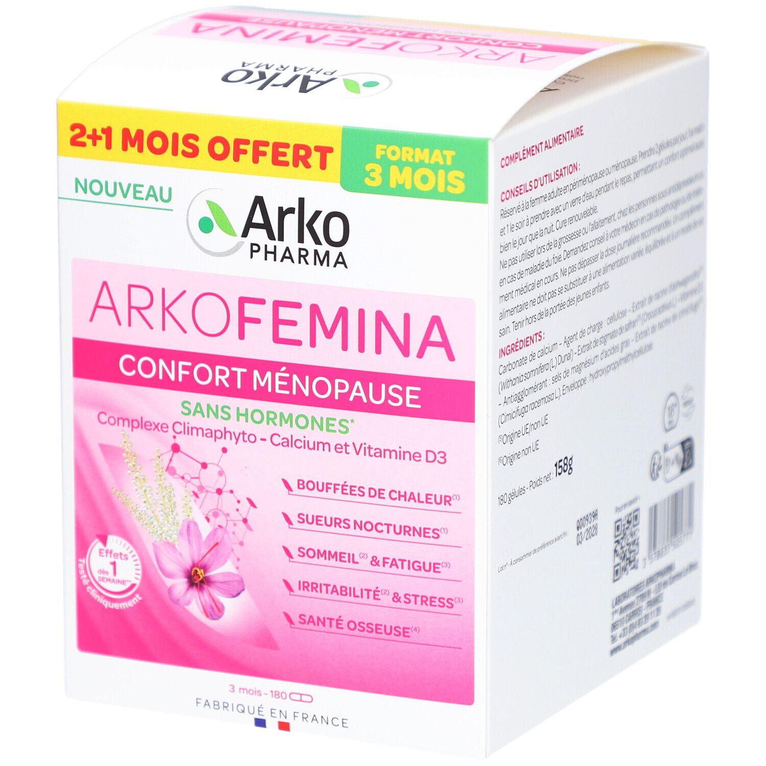 Boîte Arkopharma Arko Femina. Design rose et blanc, nom du produit et avantages. Offre 2+1 mois.