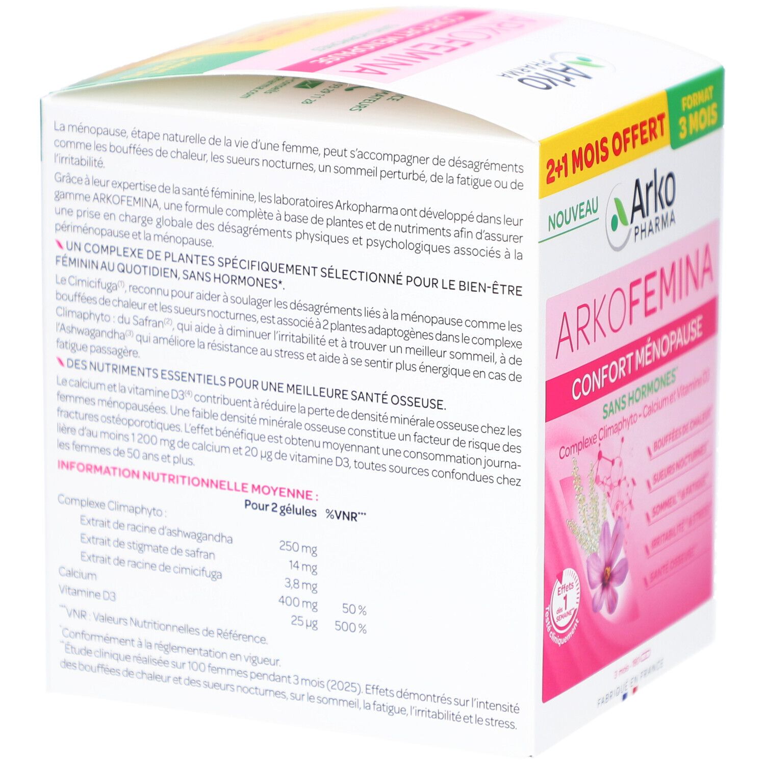 Dos de la boîte Arkopharma Arko Femina. Texte sur le produit, ingrédients et informations nutritionnelles.