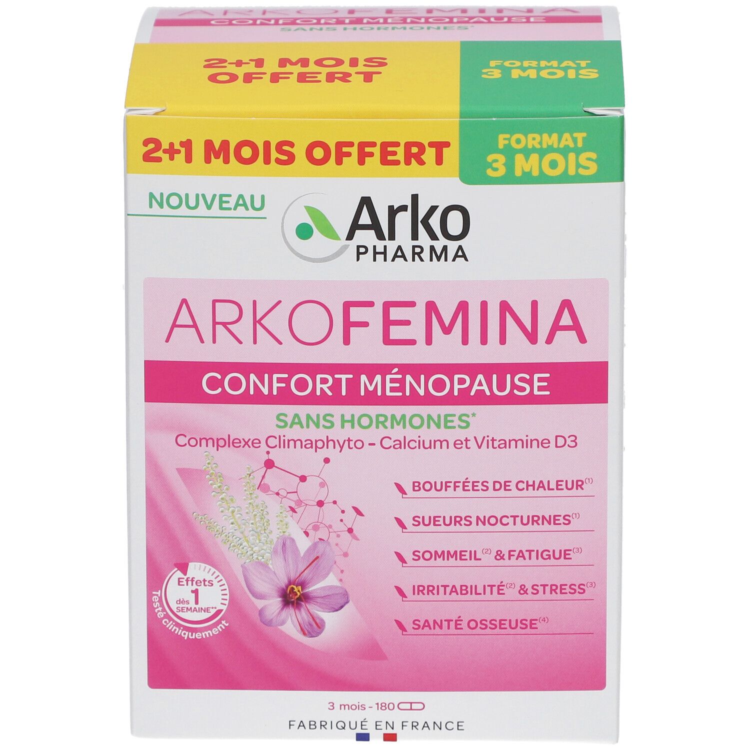 Face avant de la boîte Arkopharma Arko Femina. Design rose et blanc, nom du produit et avantages.