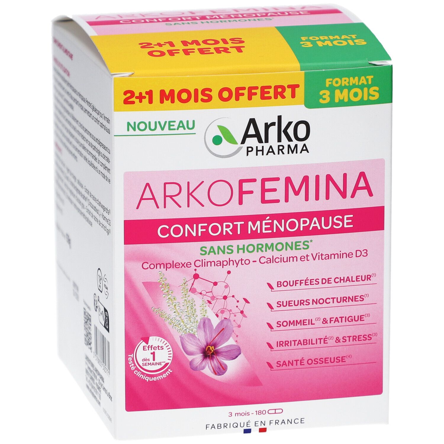 Face avant de la boîte Arkopharma Arko Femina. Design rose et blanc, nom du produit et avantages.