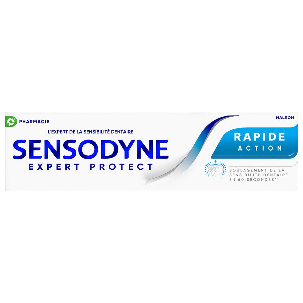 Tube de dentifrice Sensodyne Expert Protect, Rapid Action. Design blanc et bleu.