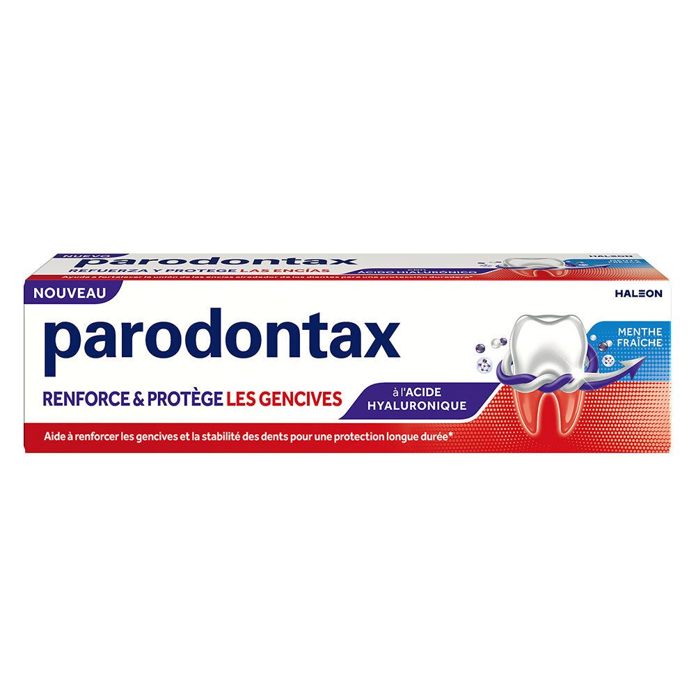 Tube de dentifrice Parodontax. Inscription: Renforce & Protège les gencives. Illustration d'une dent.