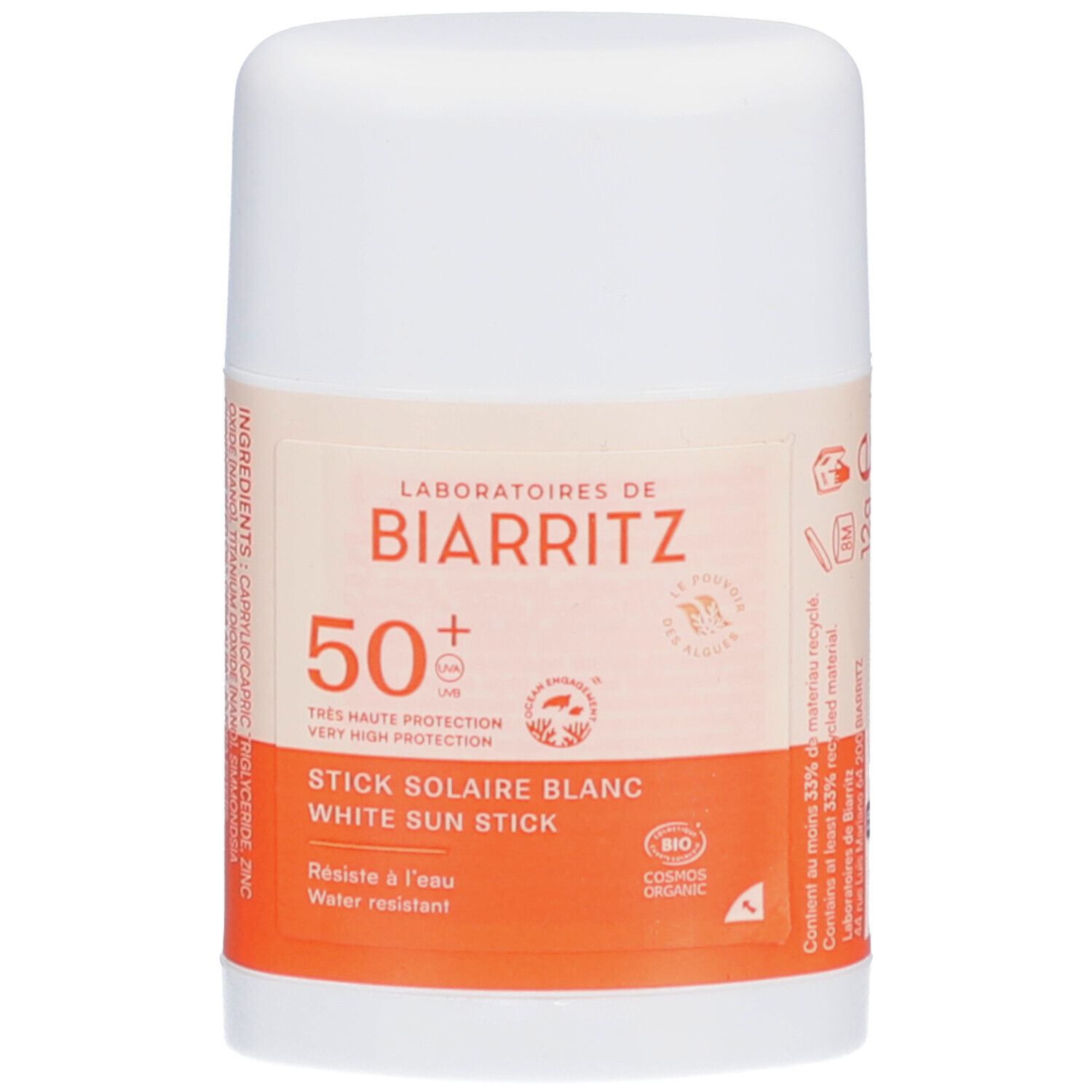 Stick solaire blanc. LABORATOIRES DE BIARRITZ. SPF50+. Protection très haute. Bio. Résistant à l'eau.