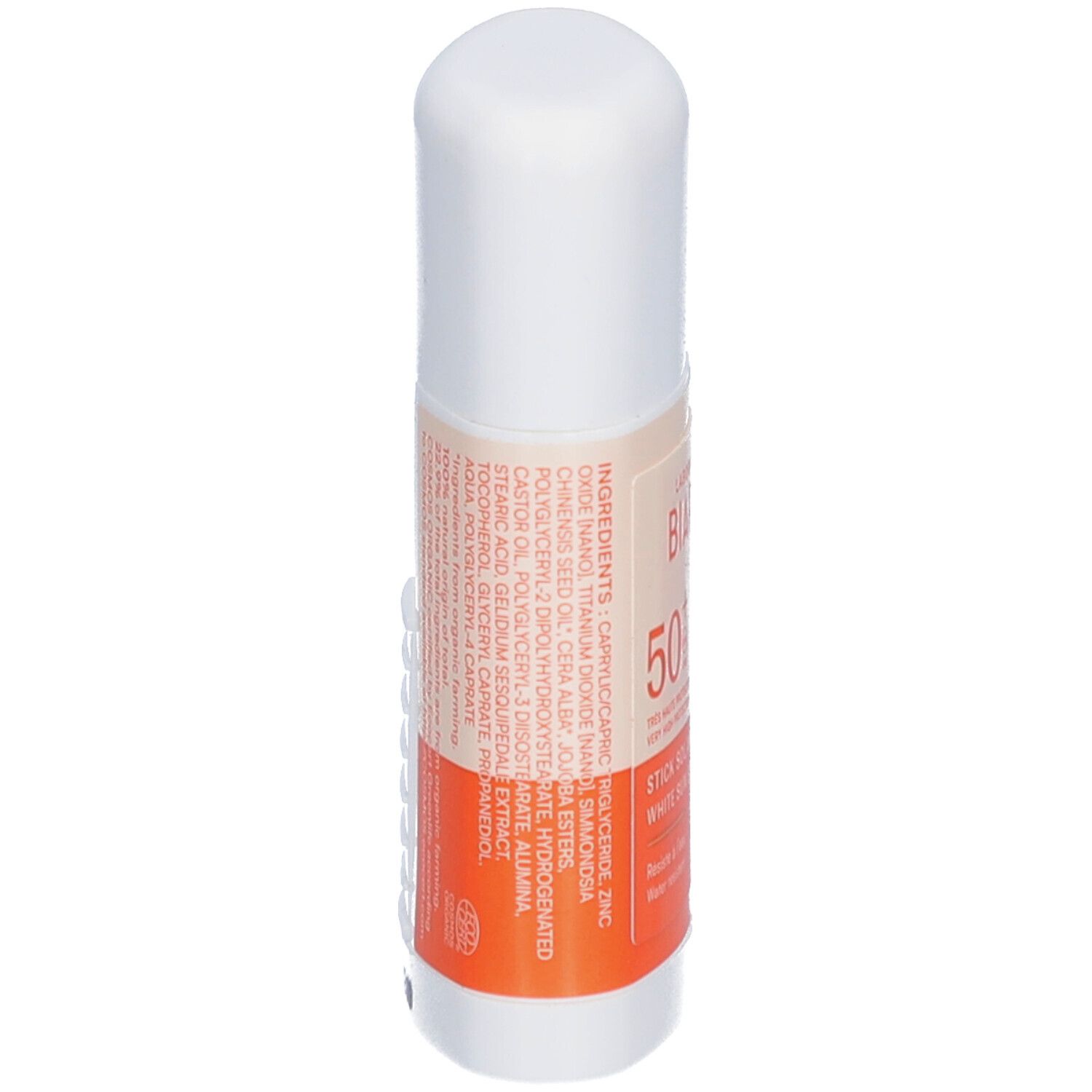 Stick solaire blanc. Ingrédients visibles. LABORATOIRES DE BIARRITZ. Certifié Bio.
