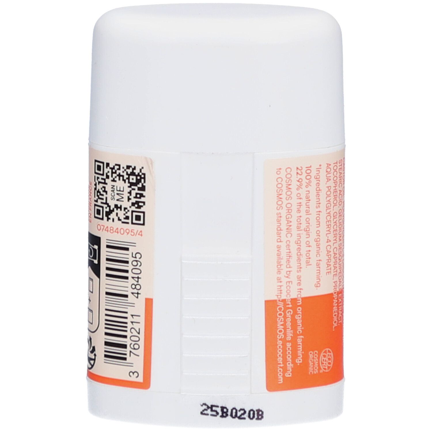 Dos du stick solaire. Code QR, numéro de lot, certification Bio. LABORATOIRES DE BIARRITZ.