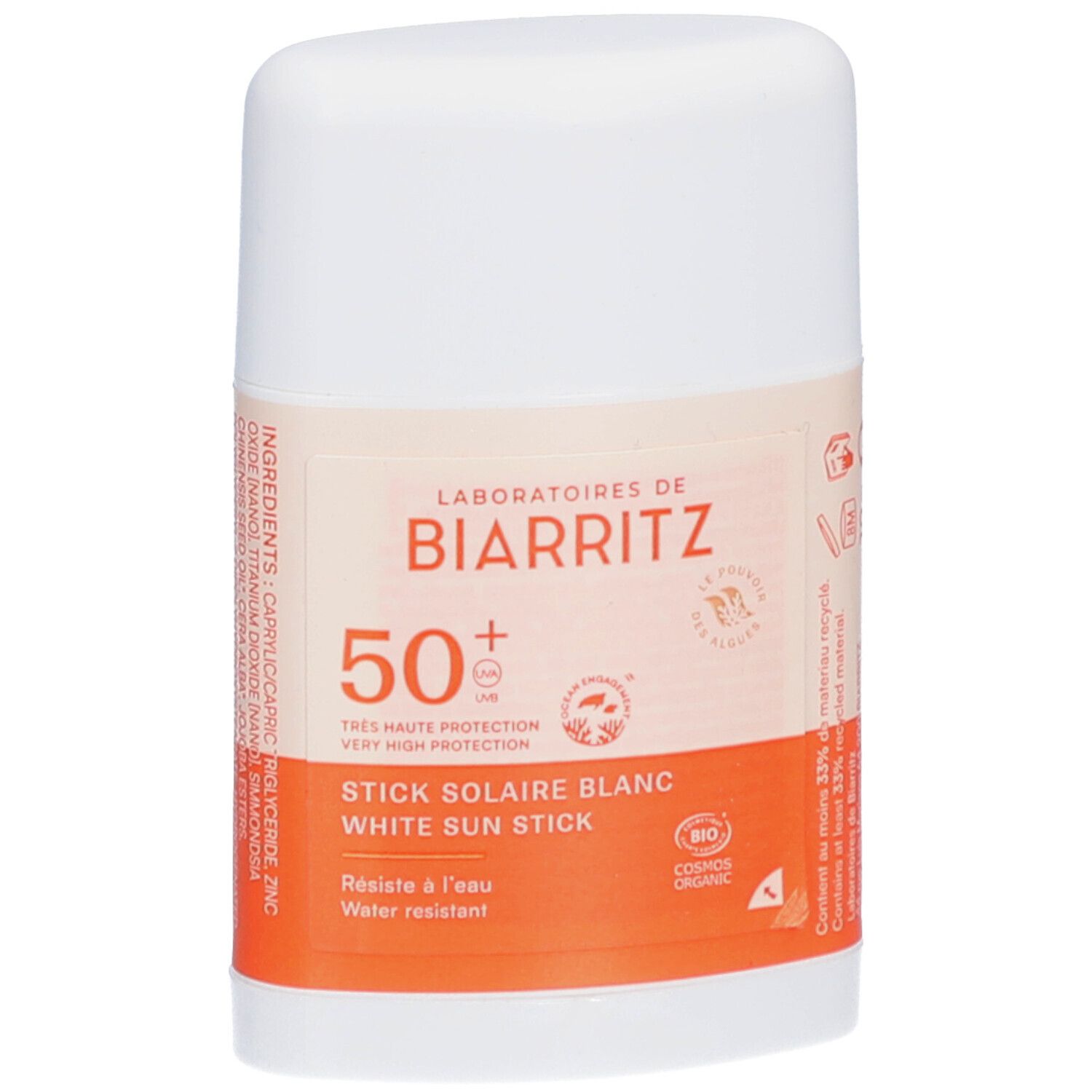 Stick solaire blanc. LABORATOIRES DE BIARRITZ. SPF50+. Bio. Résistant à l'eau.