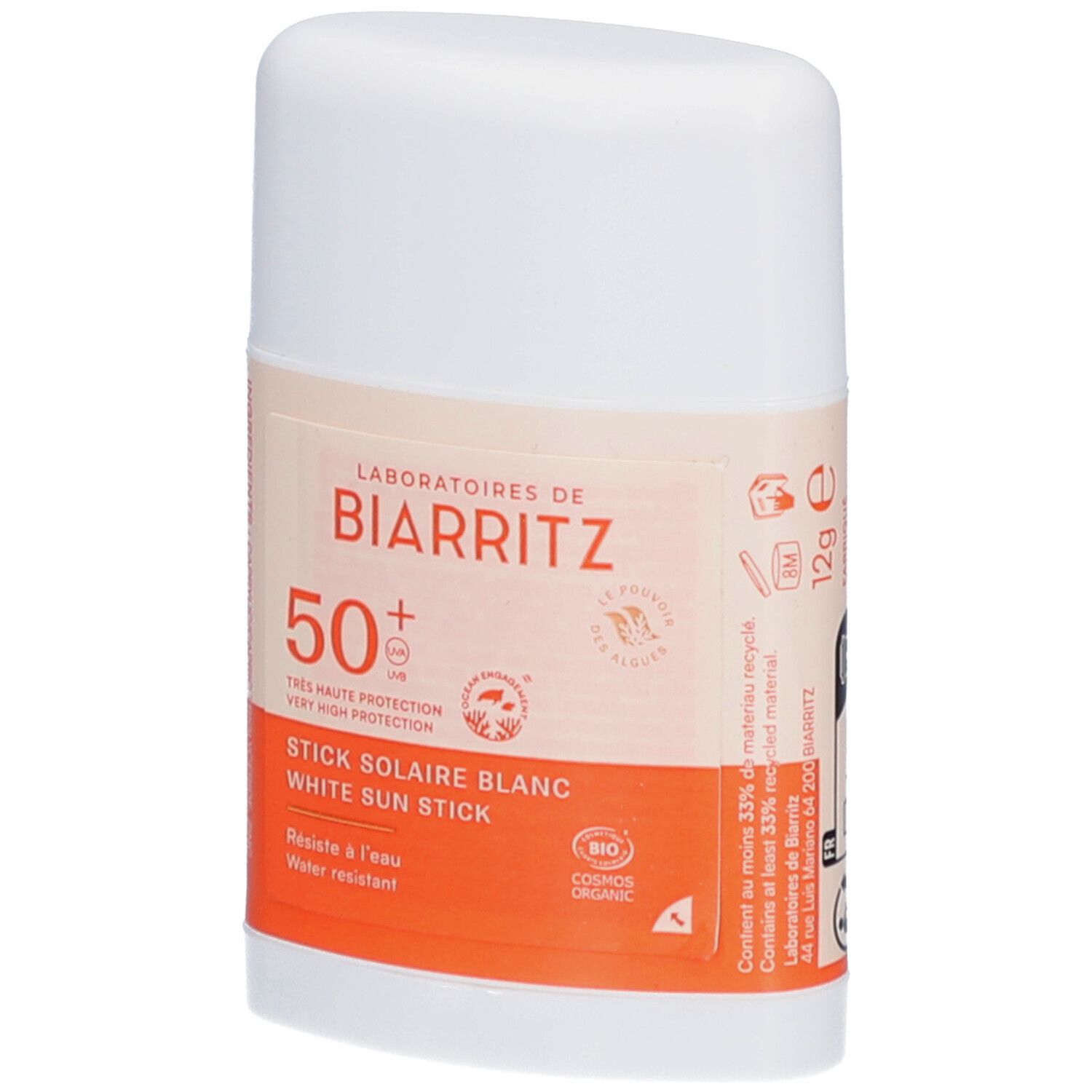 Stick solaire blanc. LABORATOIRES DE BIARRITZ. SPF50+. Bio. 12g.