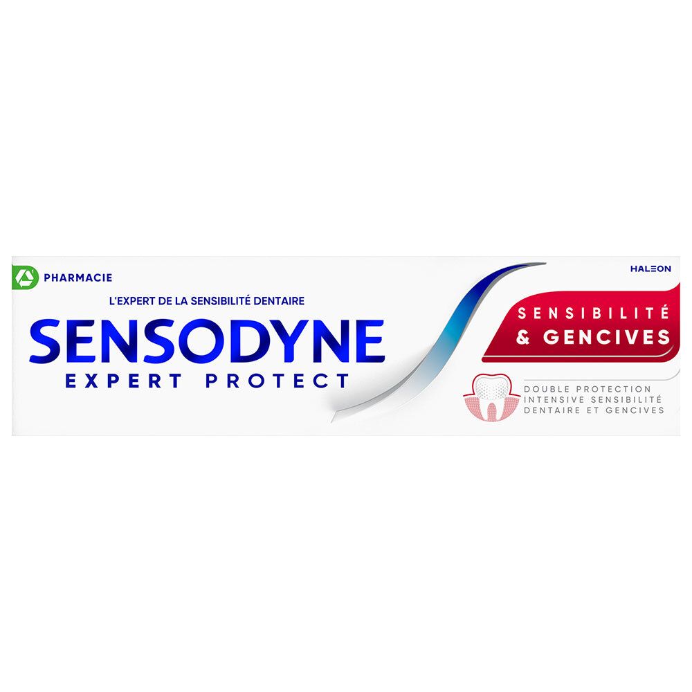 Zahncreme-Tube mit Sensodyne Expert Protect-Logo. Hauptmerkmale: Sensibilität & Zahnfleisch, Doppelter Schutz. Weiße Tube mit blauem und rotem Design.