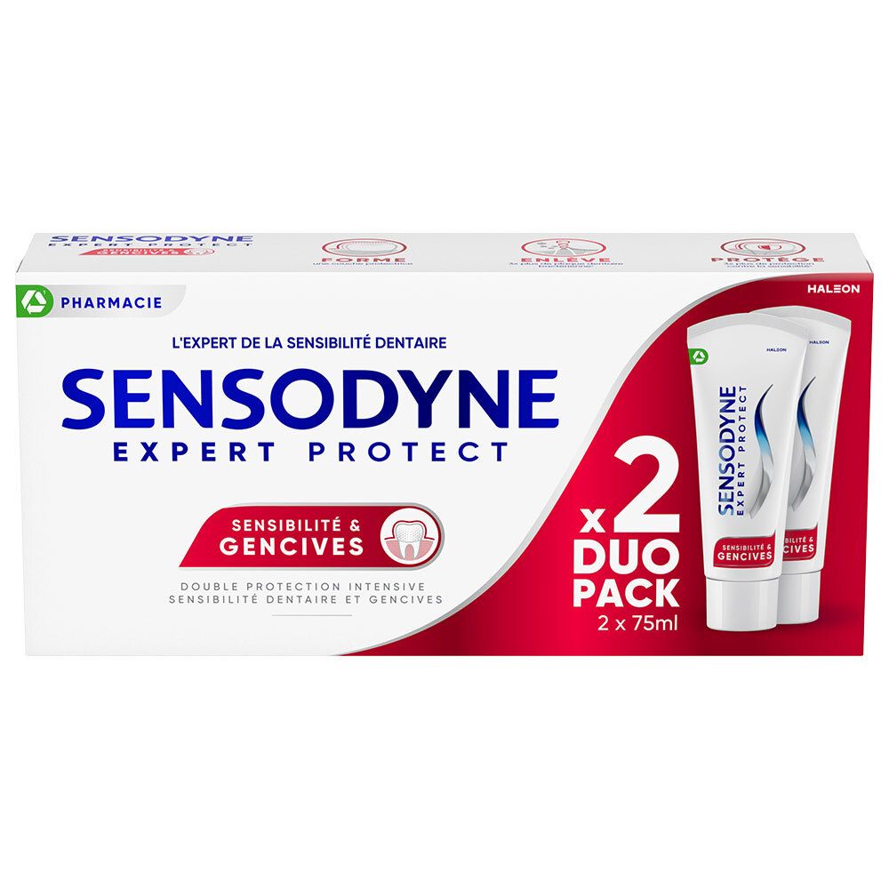 Sensodyne Expert Protect Duo-Pack. Deux tubes de dentifrice dans un emballage. Inscription : Sensibilité & Gencives. Emballage rouge et blanc.