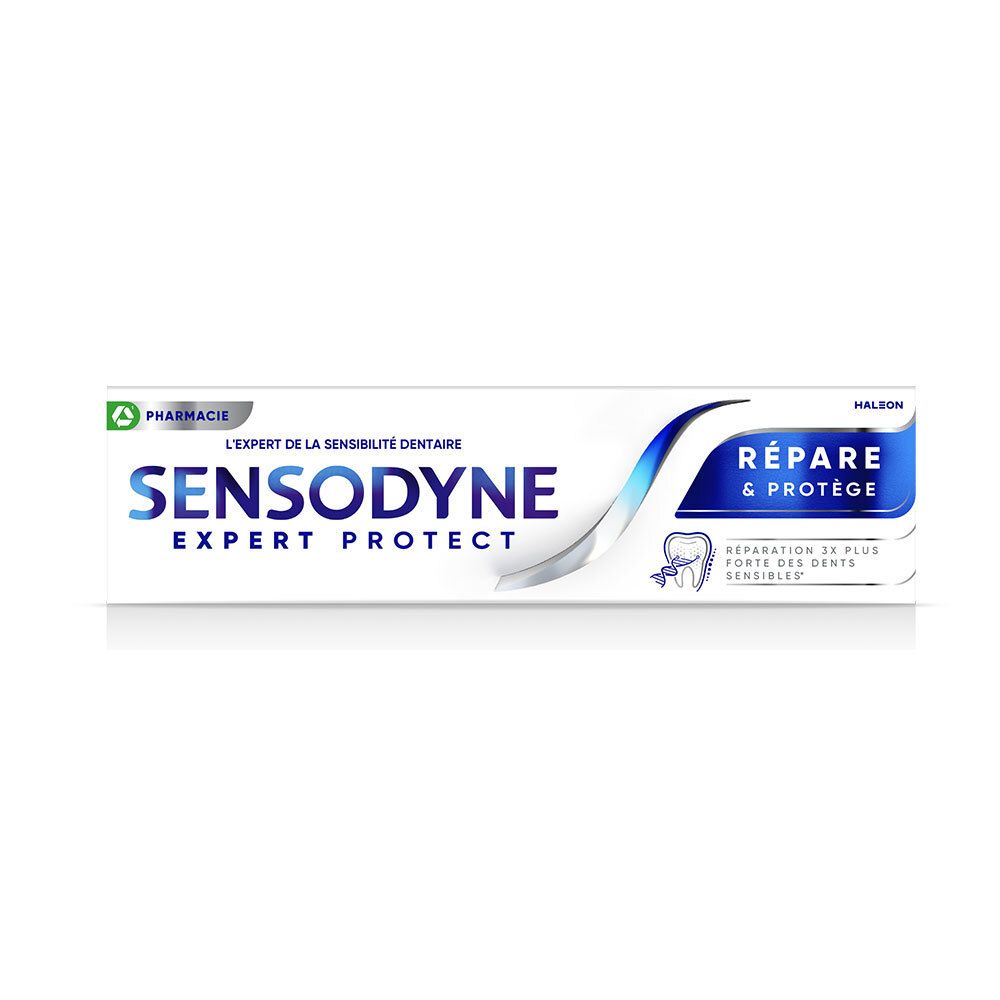 Zahnpasta-Tube Sensodyne Expert Protect. Weiß, blaues Design. Text: Expert Protect, Réparer & Protéger.