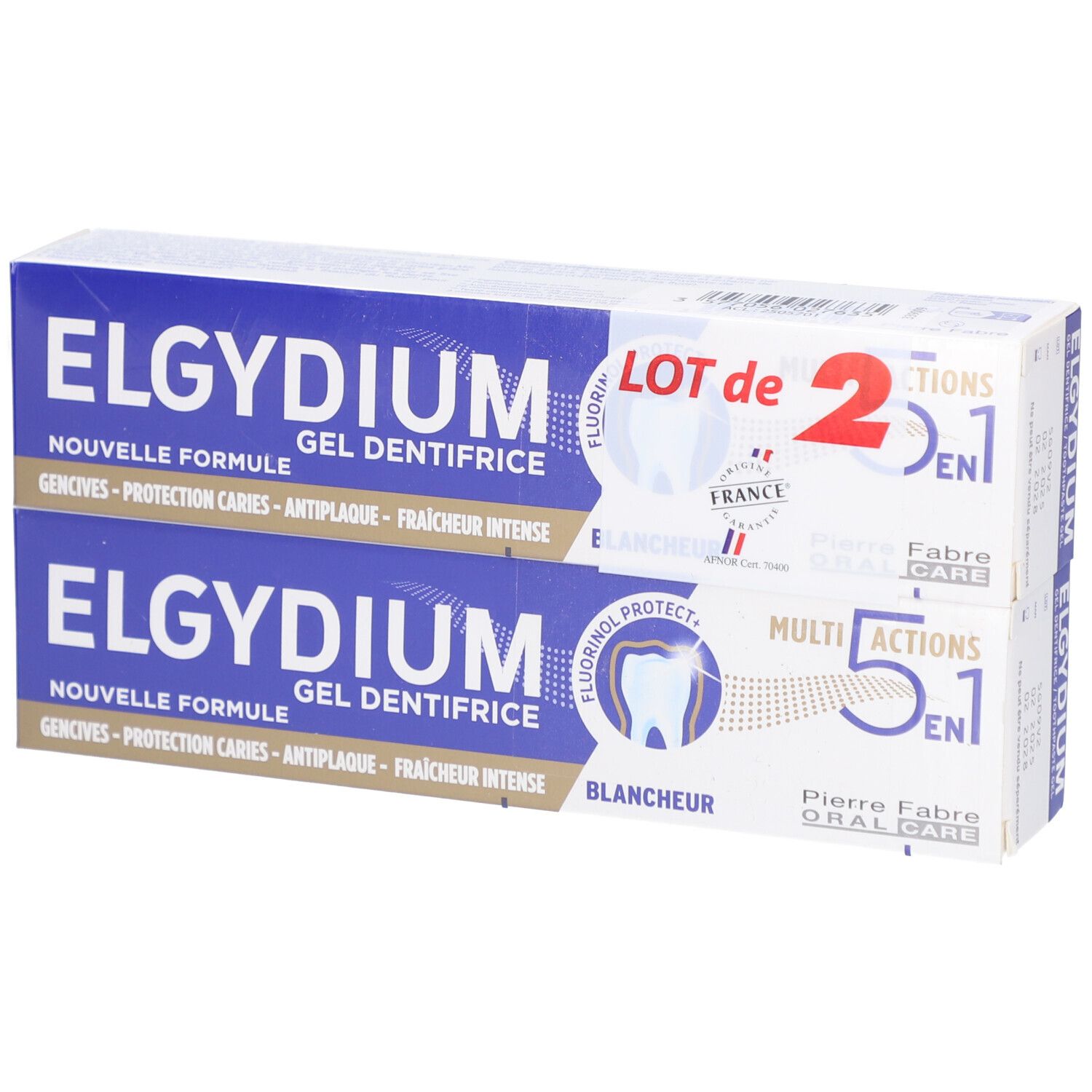 Deux boîtes de gel dentifrice ELGYDIUM. Emballage bleu et blanc. Texte: 'Nouvelle Formule', '5 en 1'.