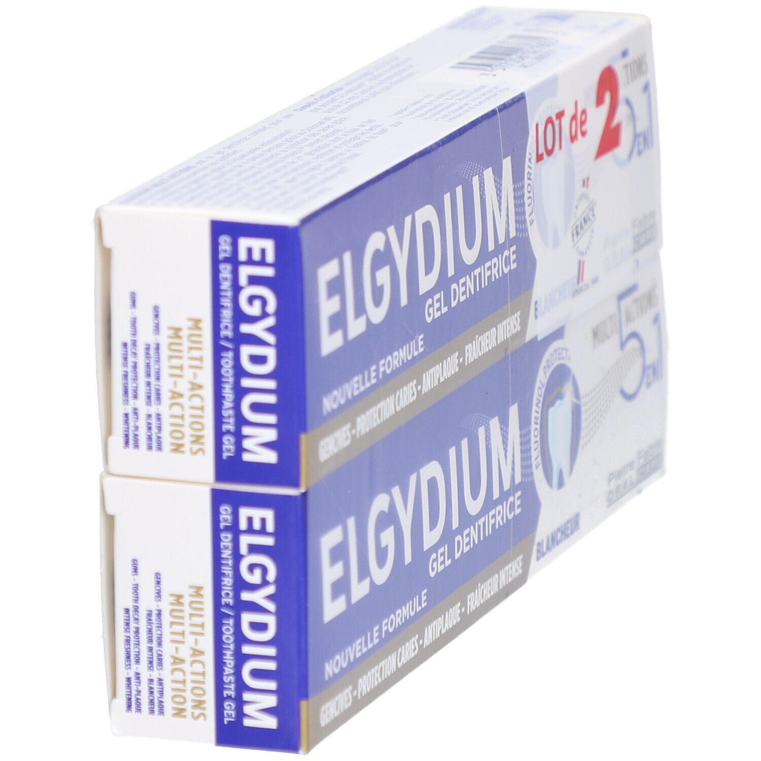 Deux boîtes de gel dentifrice ELGYDIUM en biais. Emballage bleu et blanc. Texte: 'Nouvelle Formule', '5 en 1'.