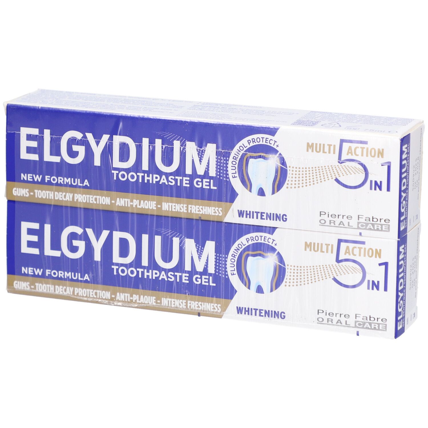 Deux boîtes de gel dentifrice ELGYDIUM. Emballage bleu et blanc. Texte: 'New Formula', '5 in 1', 'Whitening'.