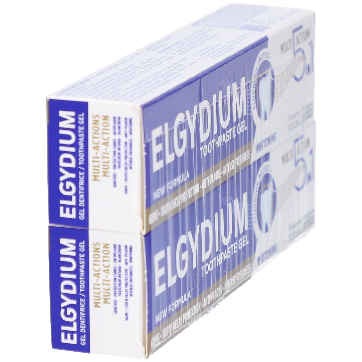 Deux boîtes de gel dentifrice ELGYDIUM en biais. Emballage bleu et blanc. Texte: 'New Formula', '5 in 1', 'Whitening'.