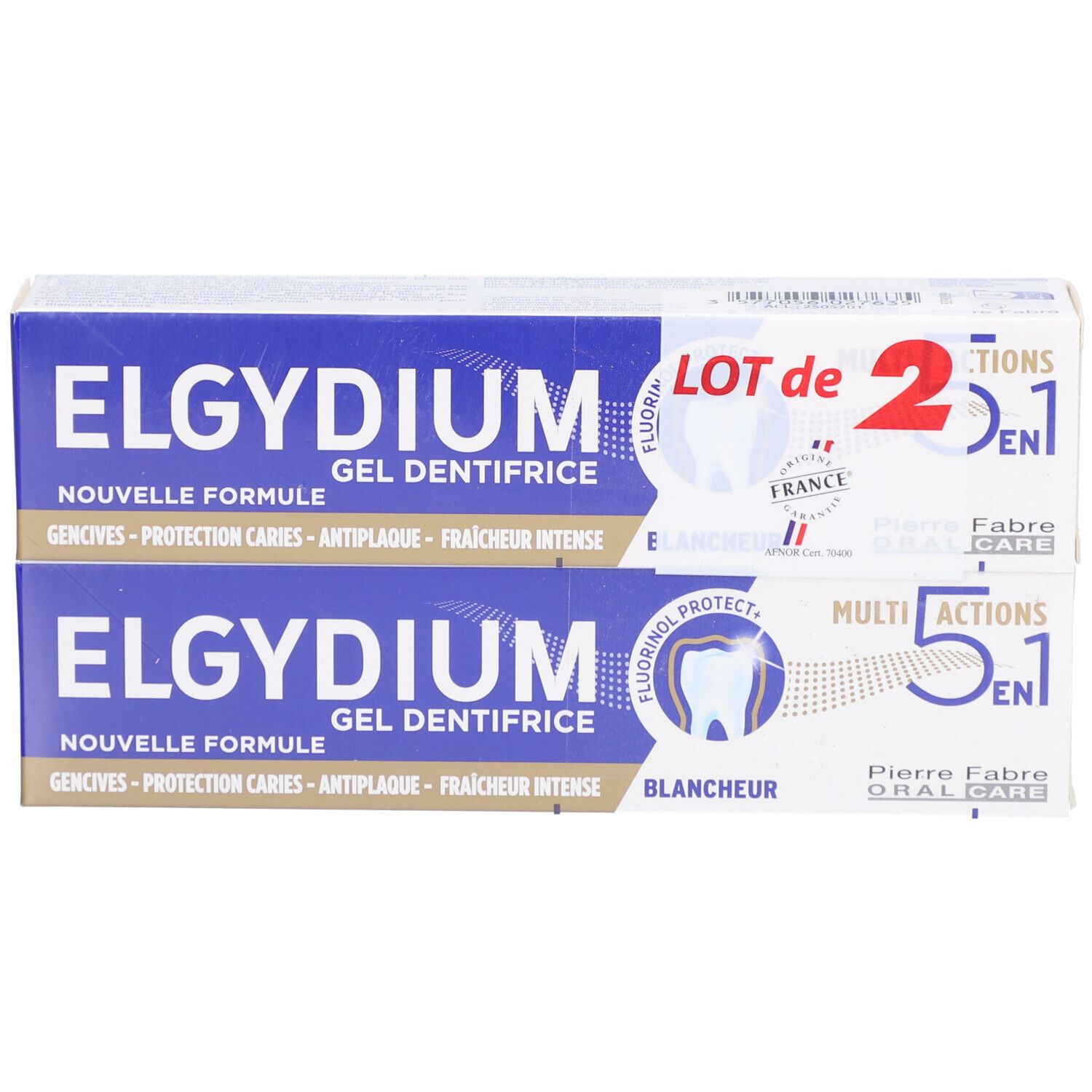 Deux boîtes de gel dentifrice ELGYDIUM. Emballage bleu et blanc. Texte: 'Nouvelle Formule', '5 en 1', 'Blancheur'.