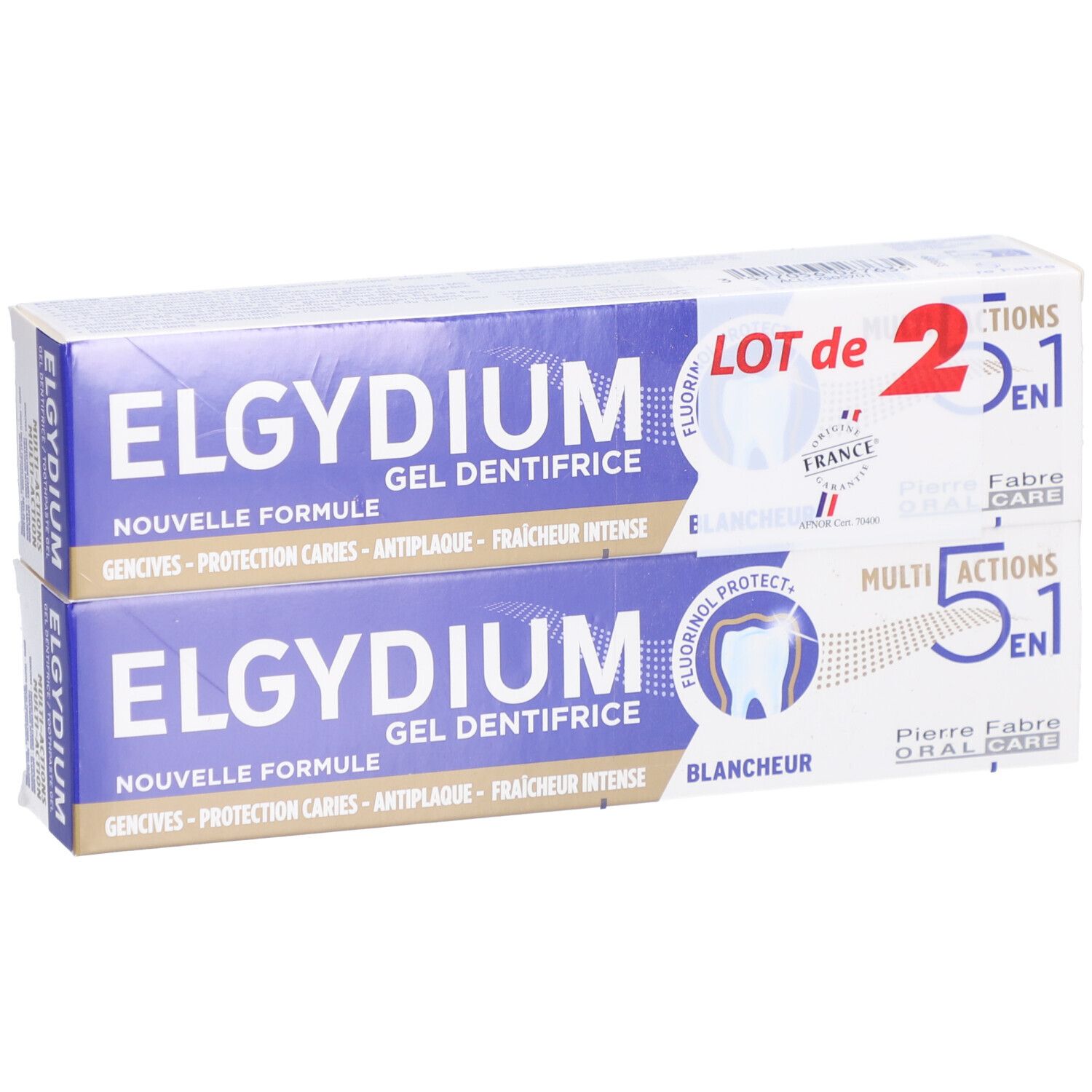 Deux boîtes de gel dentifrice ELGYDIUM. Emballage bleu et blanc. Texte: 'Nouvelle Formule', '5 en 1', 'Blancheur'.