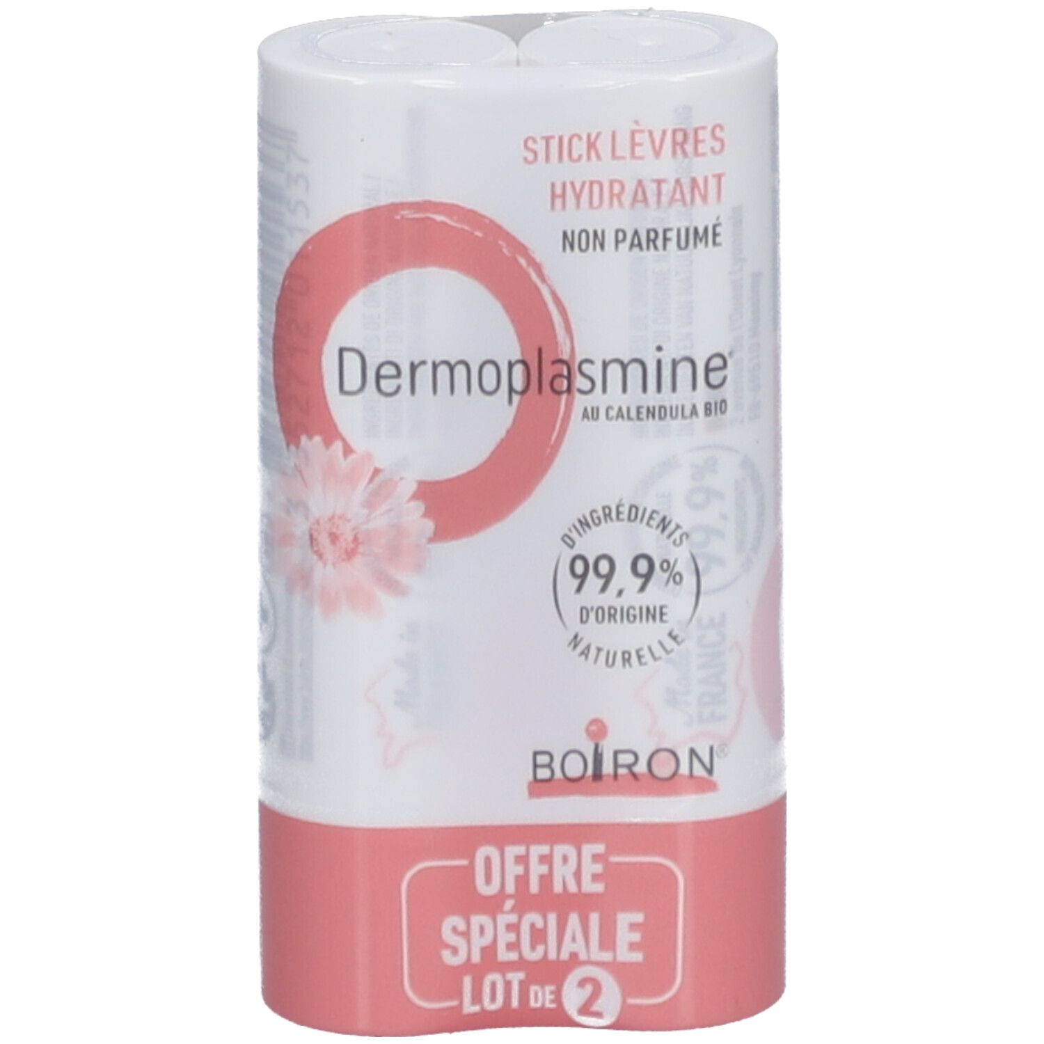 Deux sticks lèvres dans un emballage blanc et rose. Inscription: Dermoplasmine, Calendula, Boiron, 'Offre Spéciale Lot de 2'.